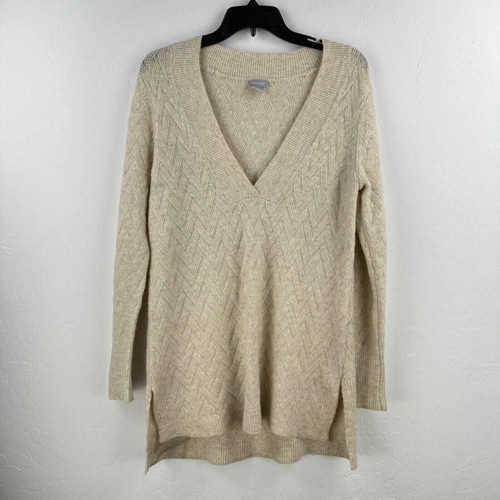 Chico's Tunic Sweater Herringbone Textured‎ V-Neck Oatmeal Size 0 Small